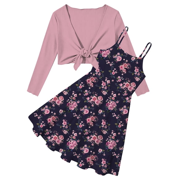 Lanbubble Tween Girl Dresses Adjustable Strap Sleeveless A Line Dress with Long Sleeve Cardigan 2 Piece Set Pink Floral Dress Sizes 7-14T