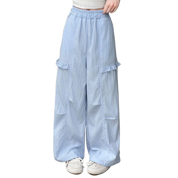 TIREOW Girls Wide Leg Pants Solid Color Elastic High Waist Drawstring Baggy Casual Pants Stylish Streetwear Lightweight Track Pants Joggers