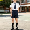 thumbnail image 3 of Ugoldhm 5PC School Uniform Set for Boys: White Short-Sleeve Shirt with Contrast Trim Elastic Knee-Length Suit Shorts with Socks Badge Tie, 3 of 8