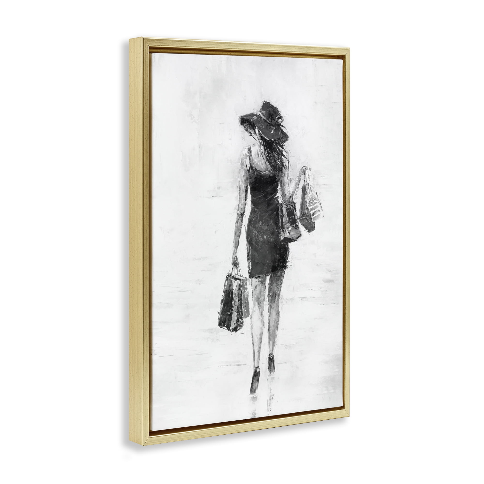 Stupell Industries Glam Shopper Girl Novelty Painting Gold Floater Framed Art Print Wall Art, 17 x 25