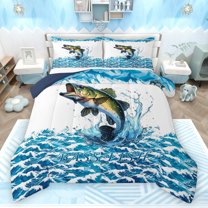 Homewish Female Men Women Big Bass Fish Bedding Comforter Set 2pcs,Fishing And Hunting Twin Comforter Sets Microfiber,Abstract Vintage Lake Life Breathable Bedding Set,Breathable Home Decor