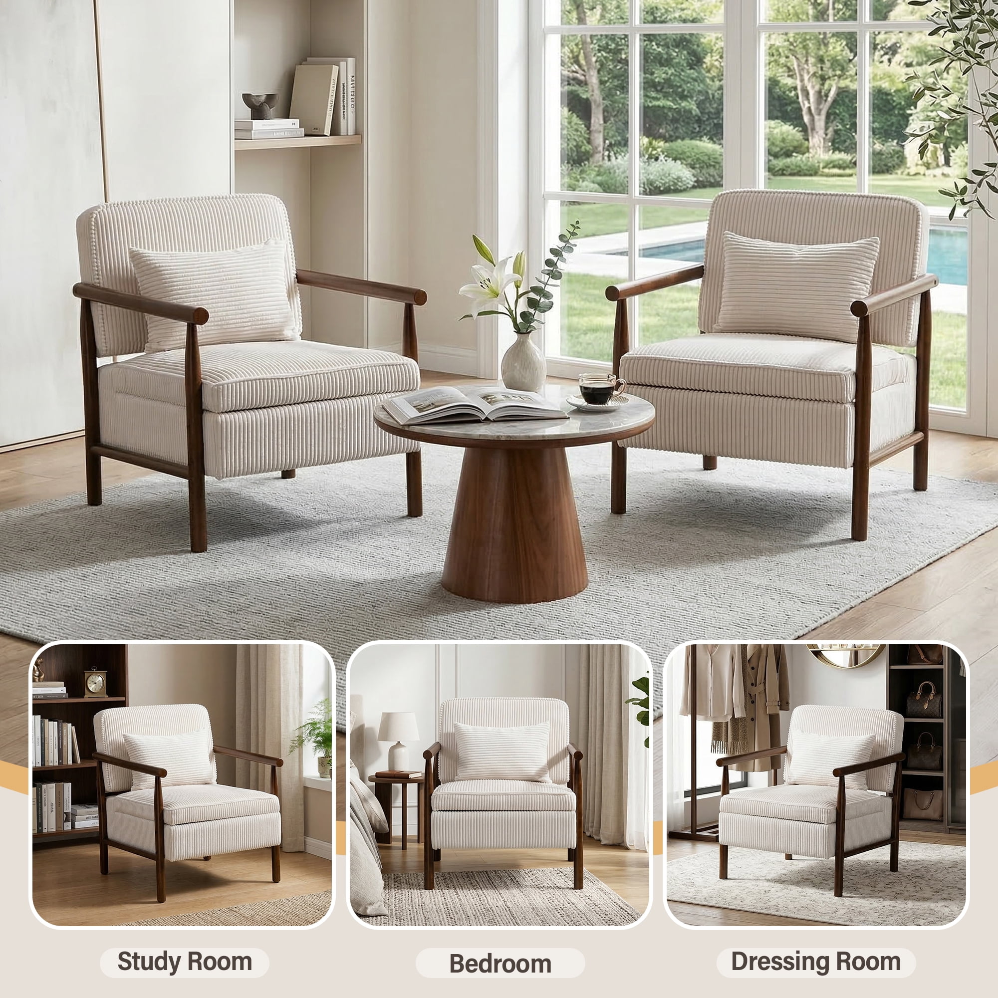 Aukfa Upholstered Accent Chair with Storage Seat & Waist Cushion, High-Density Lounge Armchair for Living Room Bedroom,White