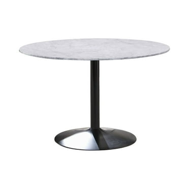 Benjara Dining Table with Marble Top and Metal Flared Base, White and Black