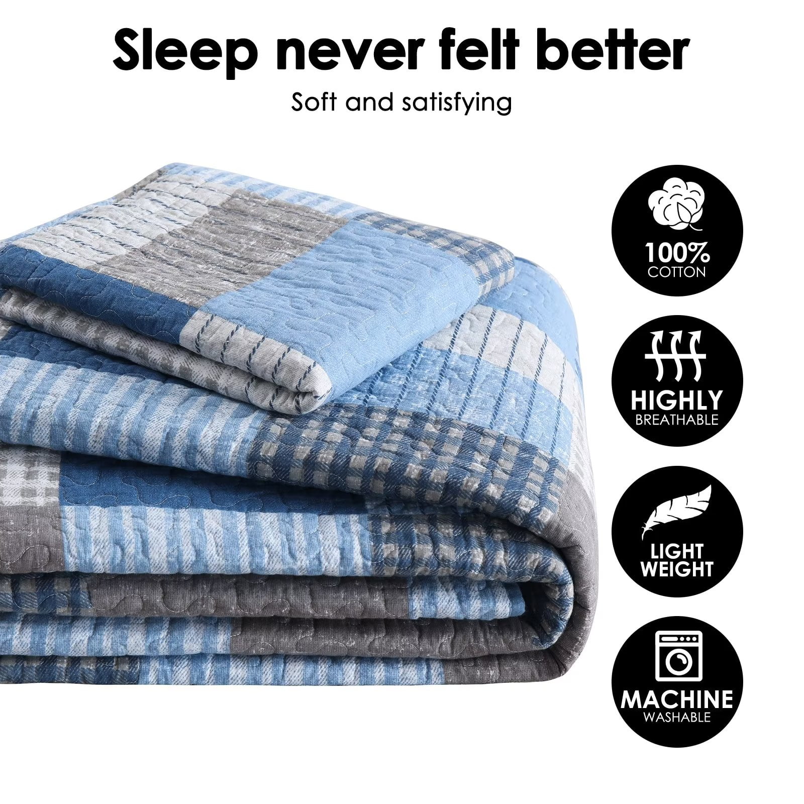 Bedduvit Cotton Quilt Queen Size - 3 Pieces 100% Cotton Lightweight Soft Blue Brown Queen Quilt Set with 2 Pillow Shams,Reversible Striped Plaid Queen Bedspread/Coverlet/Bedding Set for All Seasons