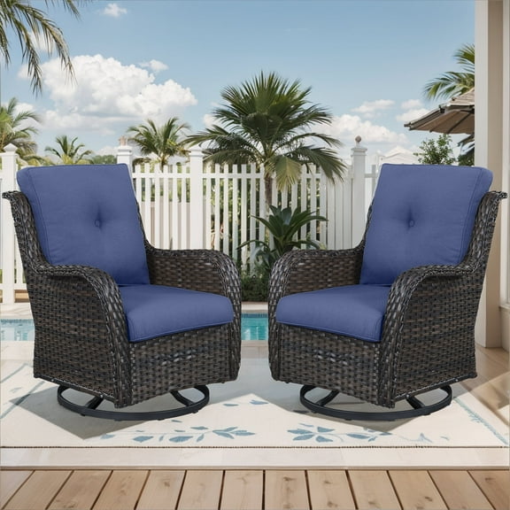 Planntonneo Outdoor Swivel Gliders Chair Set of 2, Patio Wicker High Back Swivel Rocker Chair with Navy Cushions for Balcony Deck Porch