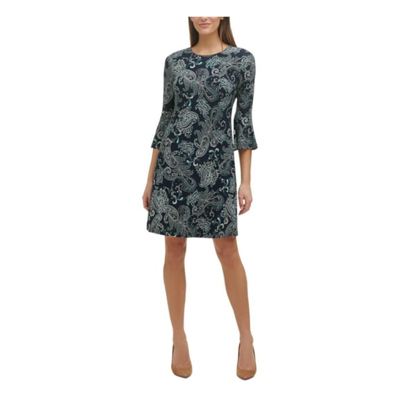 TOMMY HILFIGER Womens Navy Unlined Pullover Paisley Bell Sleeve Round Neck Above The Knee Shift Dress Plus 18W