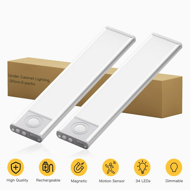 DAYBETTER 34 Luces LED Debajo Del Gabinete, kit de Iluminación de Armario Recargable por USB con Sensor de Movimiento y Tira Magnética para Armario, Iluminación Inalámbrica de Cocina, Paquete de 2