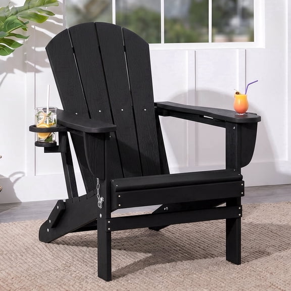 XINYU Folding Adirondack Chair, All-Weather HDPE Outdoor Chairs with Cup Holders, Patio Chairs Outdoor for Backyard,Pool & Fire Pit,Black