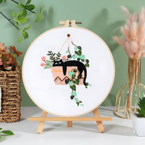 BESTSKY DIY Handmade Embroidery Kit - Cute Cat Embroidery Kit for Adults Beginners,Stamped Cross Stitch Starter Kits Include Embroidery Needlepoint Cloth Hoops Needles Threads and Instruction