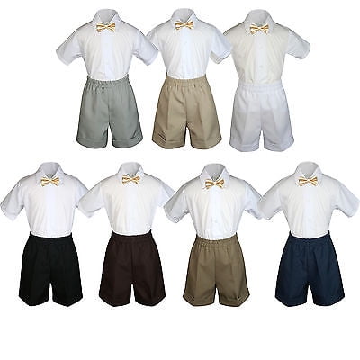 

3pc Set Boy Toddler Formal Party Champagne BowTie White Navy Khaki Shorts S-4T
