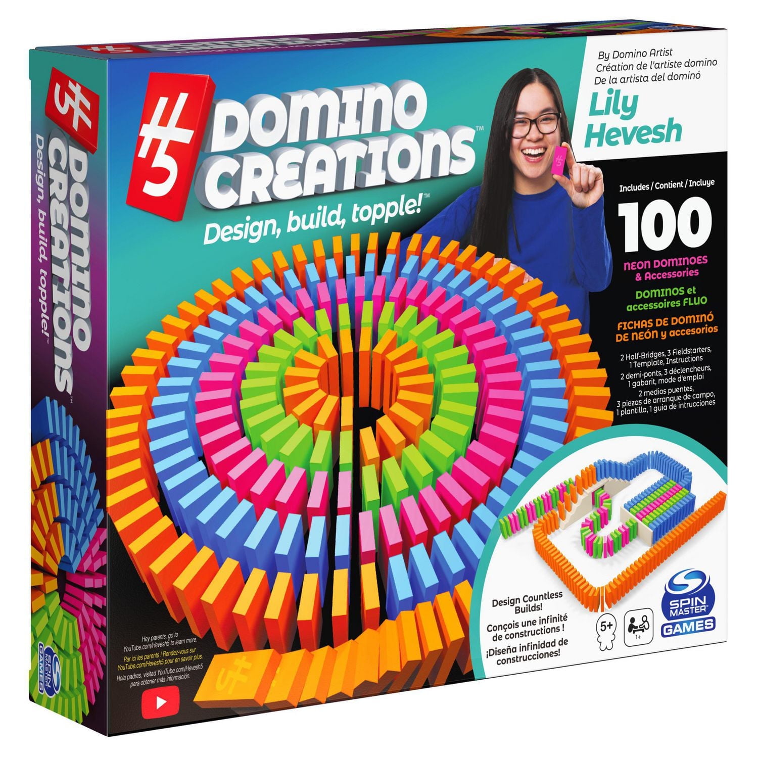 H5 Domino Creations 100-Piece Neon Set by Lily Hevesh, for Families and Kids Ages 5 and up