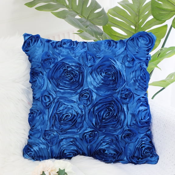 PiccoCasa 3D Satin Rose Flower Throw Pillow Cover Shells,Pure Cushion Covers for Couch Sofa,16" x 16" Royal Blue