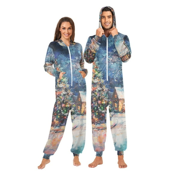 Christmas Trees and Houses Adult Onesie Pajamas Slim Fit Christmas One Piece Suit Pjs for Women and Men Hooded Zipper