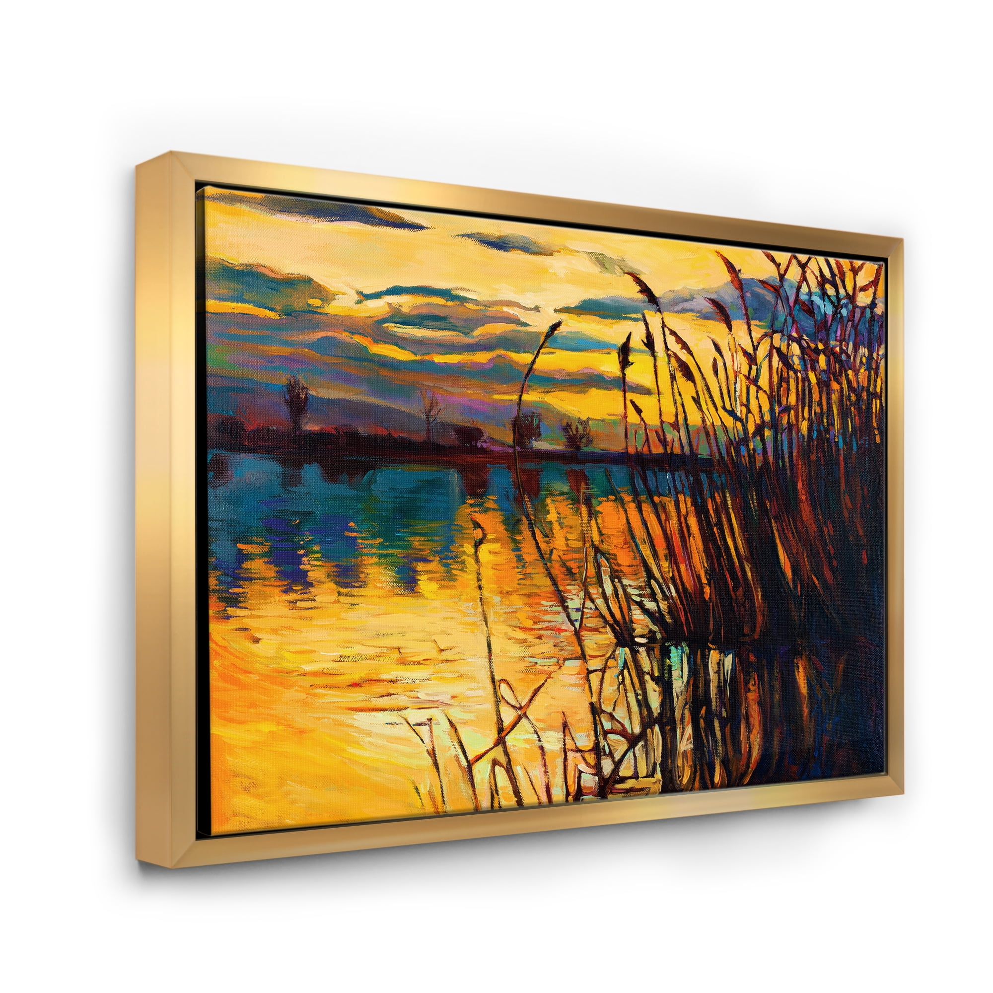 Yellow Evening Glow Through The High Grass By The Lake 20 in x 12 in Framed Painting Canvas Art Print, by Designart