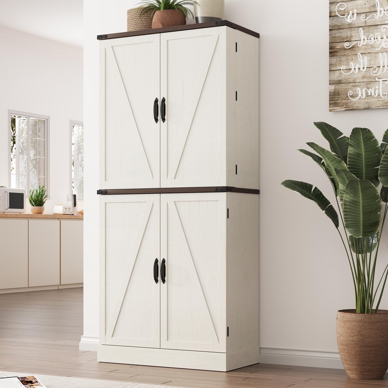 ChVans Farmhouse 71" Tall Kitchen Pantry with 6 Hanging Shelves, 4 Barn Doors Pantry Storage Cabinet with 3 Drawers & Load-Bearing Steel Pipe for Kitchen, Dining Room, Living Room, Rustic White
