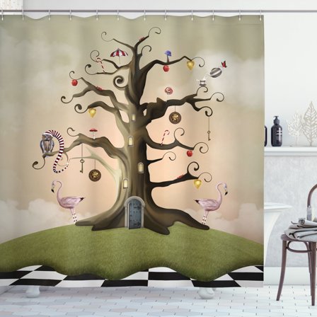 Tree Shower Curtain, Wonderland Themed Leafless Bole with Hipnotic Ornaments on Black White Checkered Floor, Fabric Bathroom Set with Hooks, 69W X 70L Inches, Multicolor, by Ambesonne