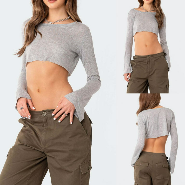 Women Flared Long Sleeve Super Crop Top Sexy Cutout Casual Loose Cropped  T-Shirt 