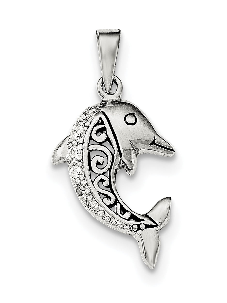 Sterling Silver Antiqued CZ Dolphin Pendant