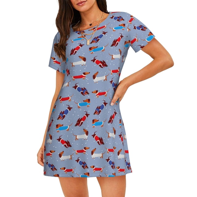 Balery winter Dachshund Camisón de manga corta con cuello redondo para mujer, cómodo y elegante.