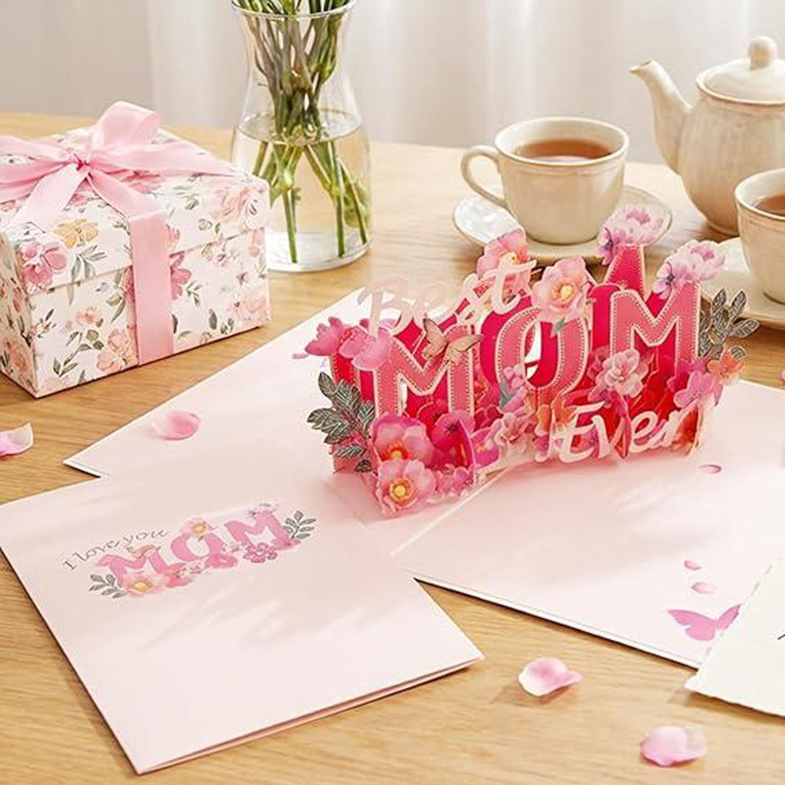 3D Pop Up Mother's Day Card, "Best Mom Ever" Floral Greeting Card with Matching Envelope, I Love You Mom Pop Up Card for Mother's Day, Happy Birthday & Appreciation Mother's Day Card 1Pcs