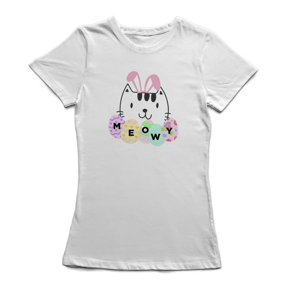 Cute Meowy Cat Easter Eggs Graphic Women White T-Shirt, Female Large