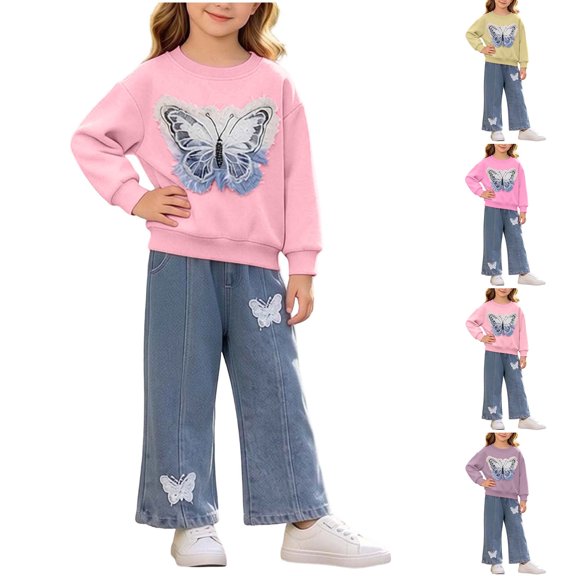 Taqqpue Kid Girl 2pcs Clothes Spring Summer Outfits Cute Sweet Bowknot Long Sleeve Bowknot Top Denim Pants Set for Girls 0-6 Years
