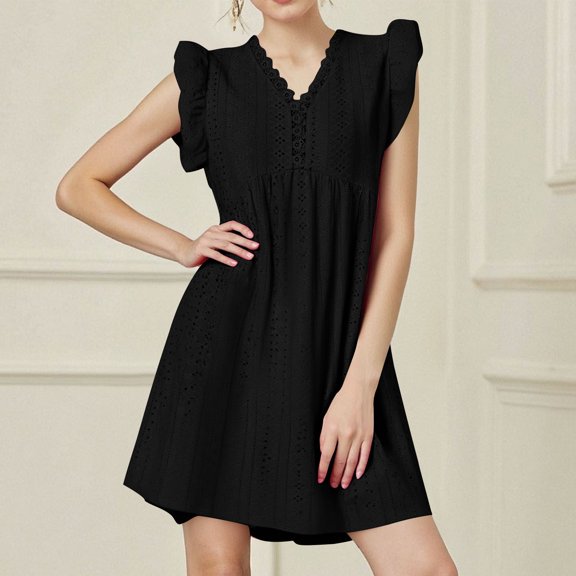 Xaqiouau Women Solid Eyelet Mini Dress Ruffle Sleeve V Neck Lace Trim A Line Casual Summer Beach Vacation Sundress