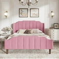 thumbnail image 2 of Amolife Queen Size Upholstered Platform Bed Frame with Curved Velvet Wingback Headboard, Pink, 2 of 6