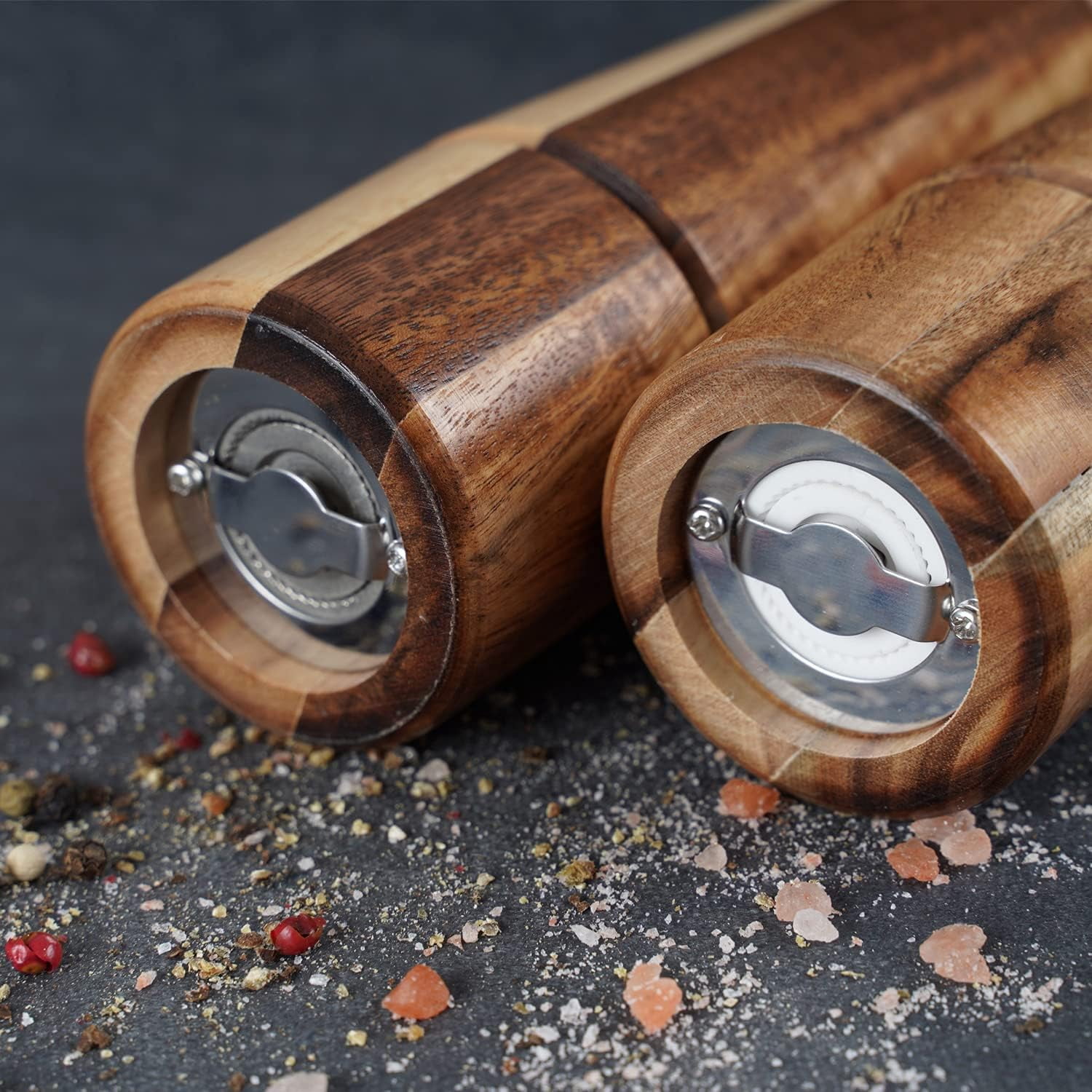 DeroTeno Salt and Pepper Mill Set, Adjustable Ceramic Grinder Salt Mill, Stainless Steel Grinder Pepper Mill, Acacia Wood, 8 inch/22 cm Height, Bottom Dia 5.5 cm (Tray is NOT Included)
