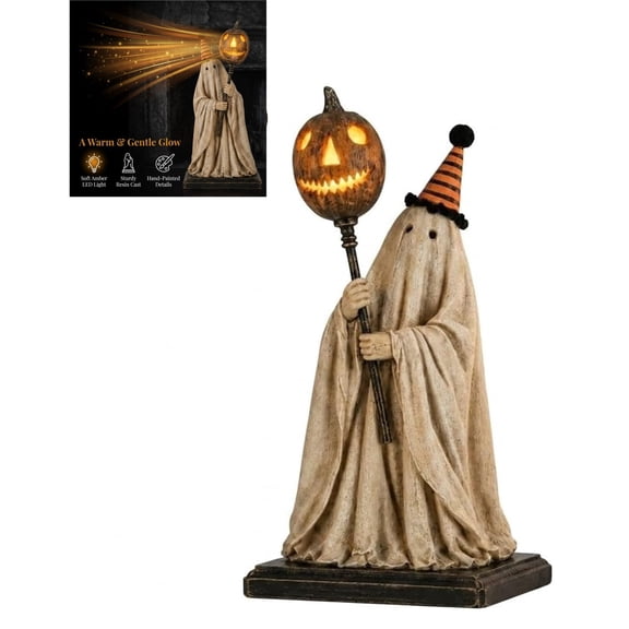 Lighted Vintage Ghost Figurine with Glowing Pumpkin Staff, Resin Halloween Mantel Tabletop Decor