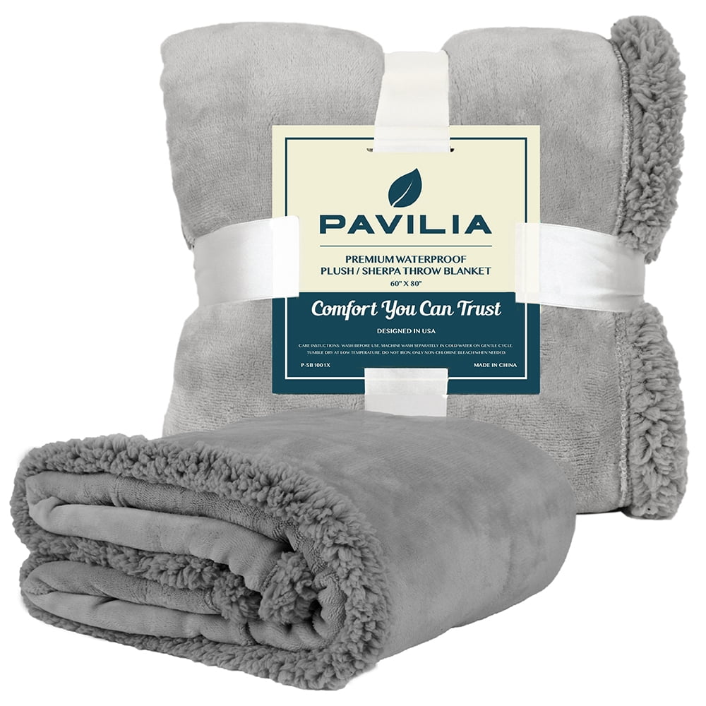 PAVILIA WATERPROOF Blanket For Couch, Sofa | Waterproof Dog Blanket for Large Dog, Puppy, Cat | Pet Blanket Protector | Plush Soft Warm Fuzzy Sherpa Blanket Bed Throw, Light Grey, 90x90