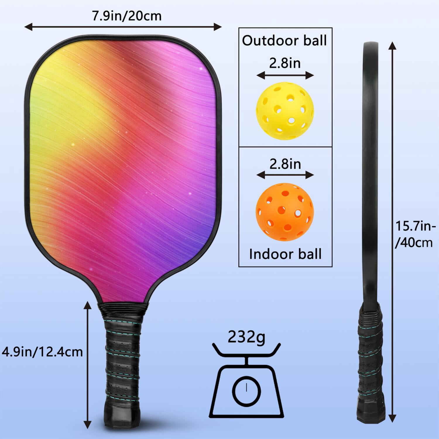 Pickleball Paddles Set Of 1, Fiberglass Surface, Vibrant Rainbow Print, 1 Paddle, 2 Balls & Bag