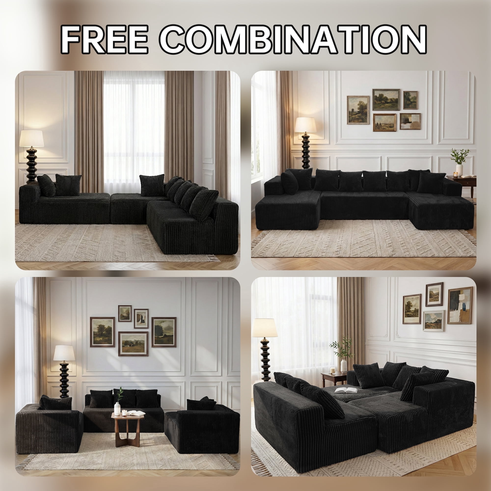 SOULART 130" Black U L-Shaped Modular Sectional Couch, U-Shaped Sofa with Chaise Lounge, Striped Corduroy Upholstered 4-Seater Sofa with Pillow Back and Square Arms
