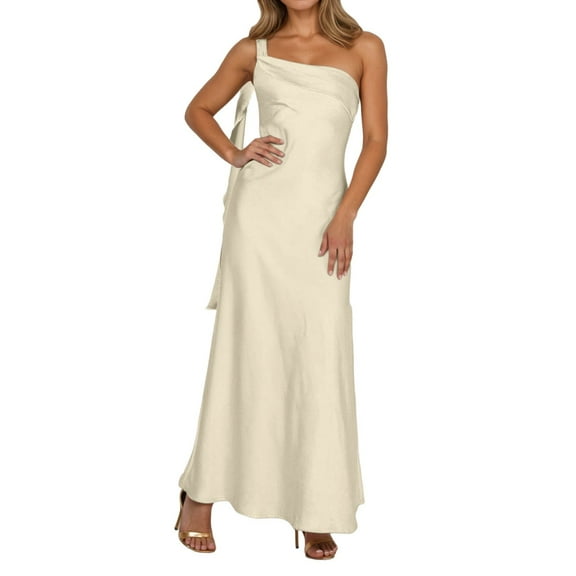 Telankuip 2025 Satin One Shoulder Maxi Dress for Women Summer Silk Formal Elegant Backless Ruffle Sleeveless Wedding Guest Dresses Casual Comfort Stylish Party Outfits Yellow XS