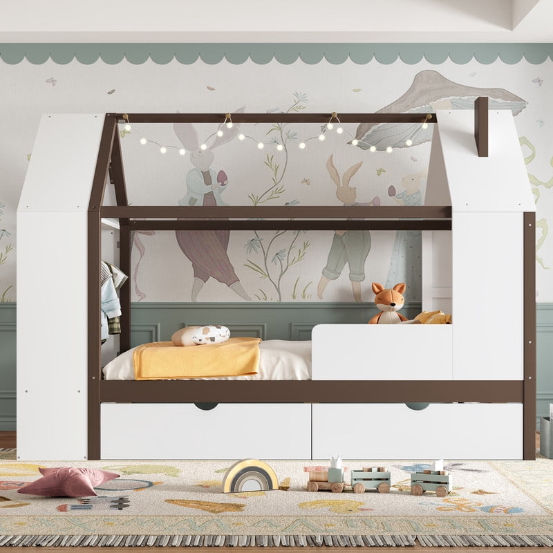 Twin Size House Platform Bed with Storage, Solid Wood House Bed with Drawers & Shelves, Solid Wood Platform Bed with Cabinet & Wardrobe, White & Espresso