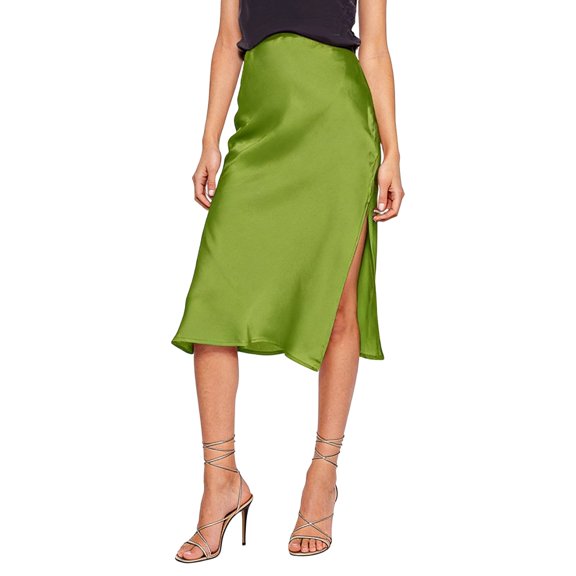 HGIEYS Women High Waist Silky Satin Midi Skirt Elastic Waist A Line Skirt with Slit
