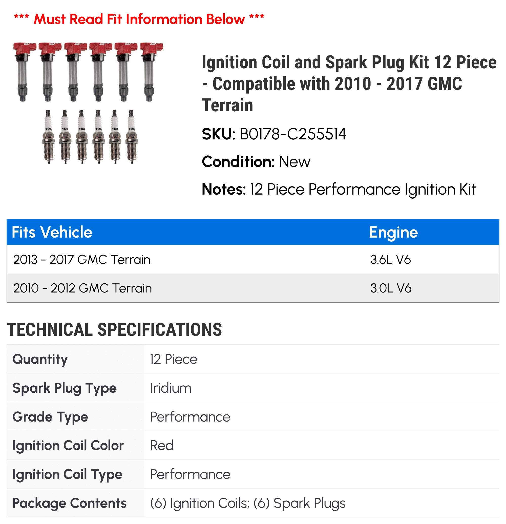 Ignition Coil and Spark Plug Kit 12 Piece - Compatible with 2010 - 2017 GMC Terrain 2011 2012 2013 2014 2015 2016