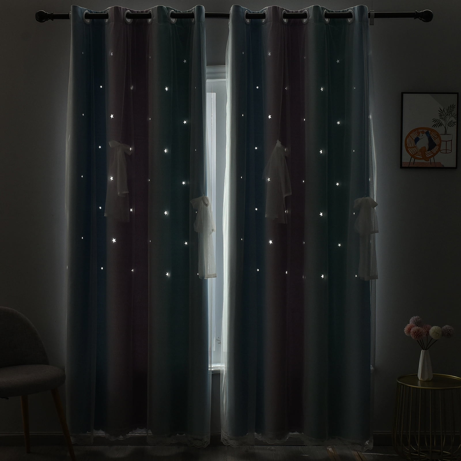 Psoiuetr Blackout Gradient Ombre Curtains for Kids Girls Bedroom Living Room Decor Rainbow Double Layers Star Cut Out Stripe Blue Purple Grommet Window Curtains,52"x84",1 Panel