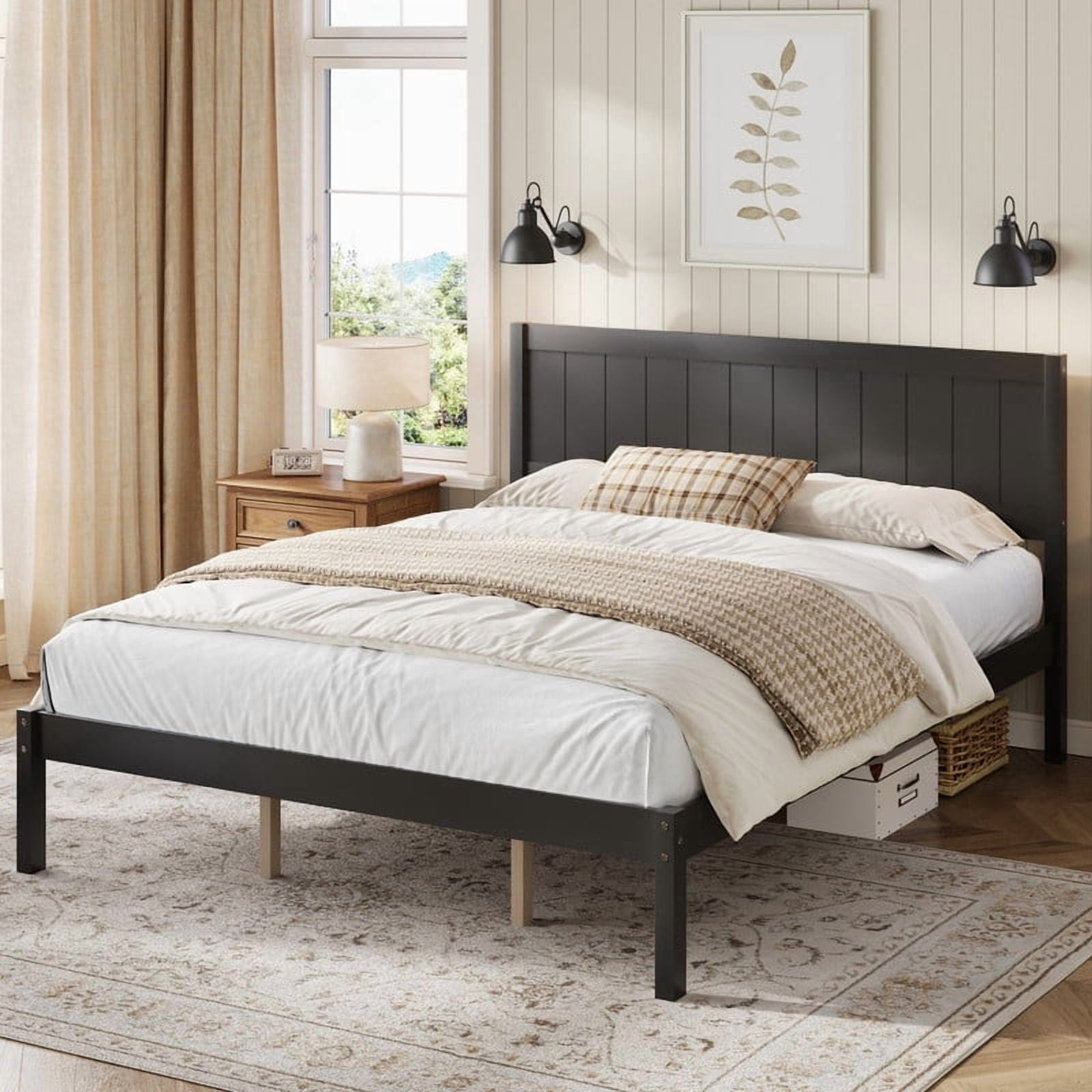 No Box Spring Needed King Size Wooden Bed, Minimalist Style Platform Bed Frame with Headboard & Slats Support