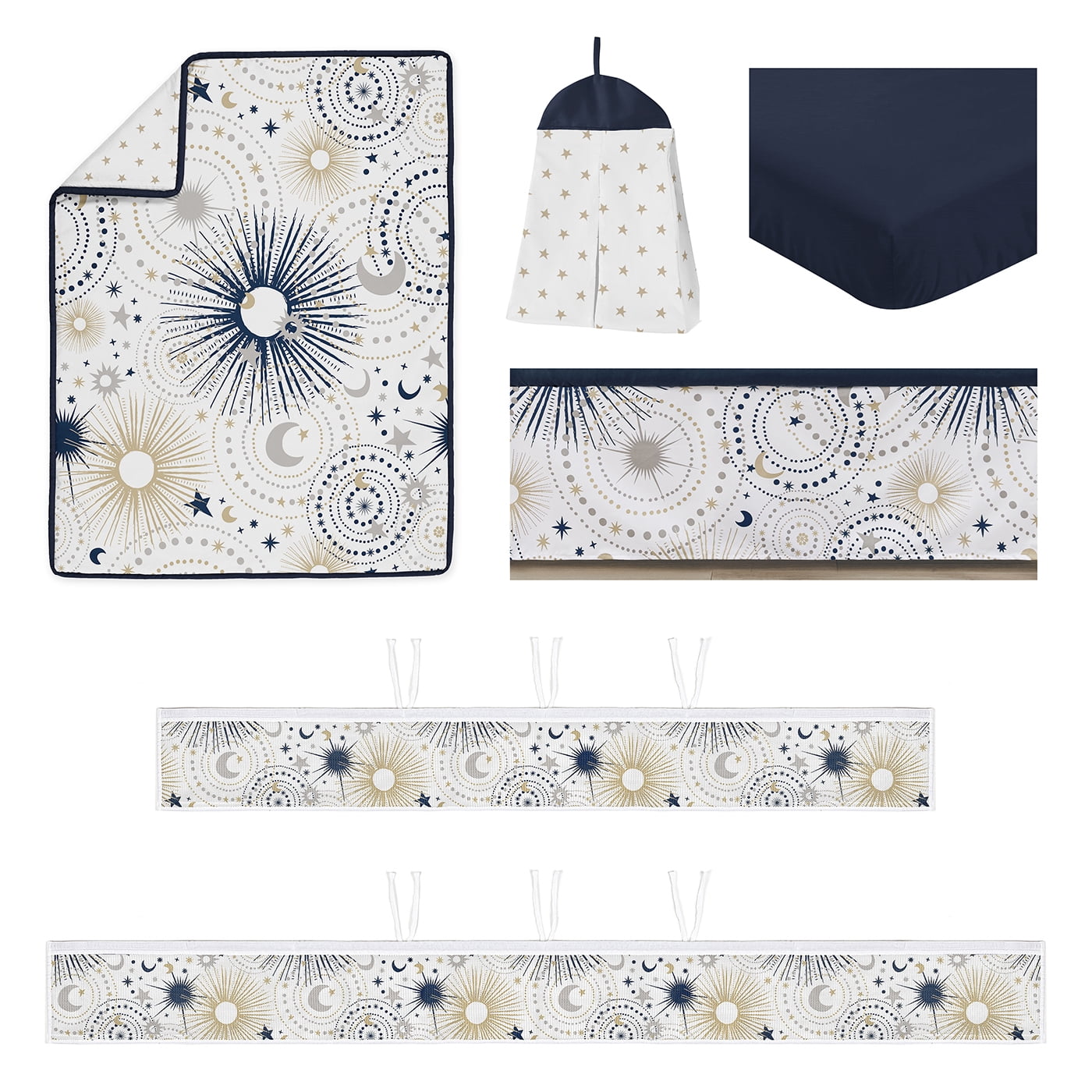 Sweet Jojo Designs Celestial Blue Gold and Grey Crib Bedding + BreathableBaby Breathable Mesh Liner Pad