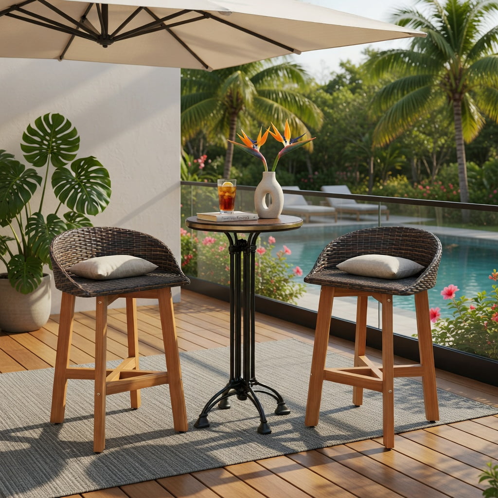 Hommoo 2-Piece Outdoor Bar Chairs Set, PE Rattan & Solid Acacia Wood, Ergonomic Backrest, Footrest, All-Weather Patio Seating, Natural