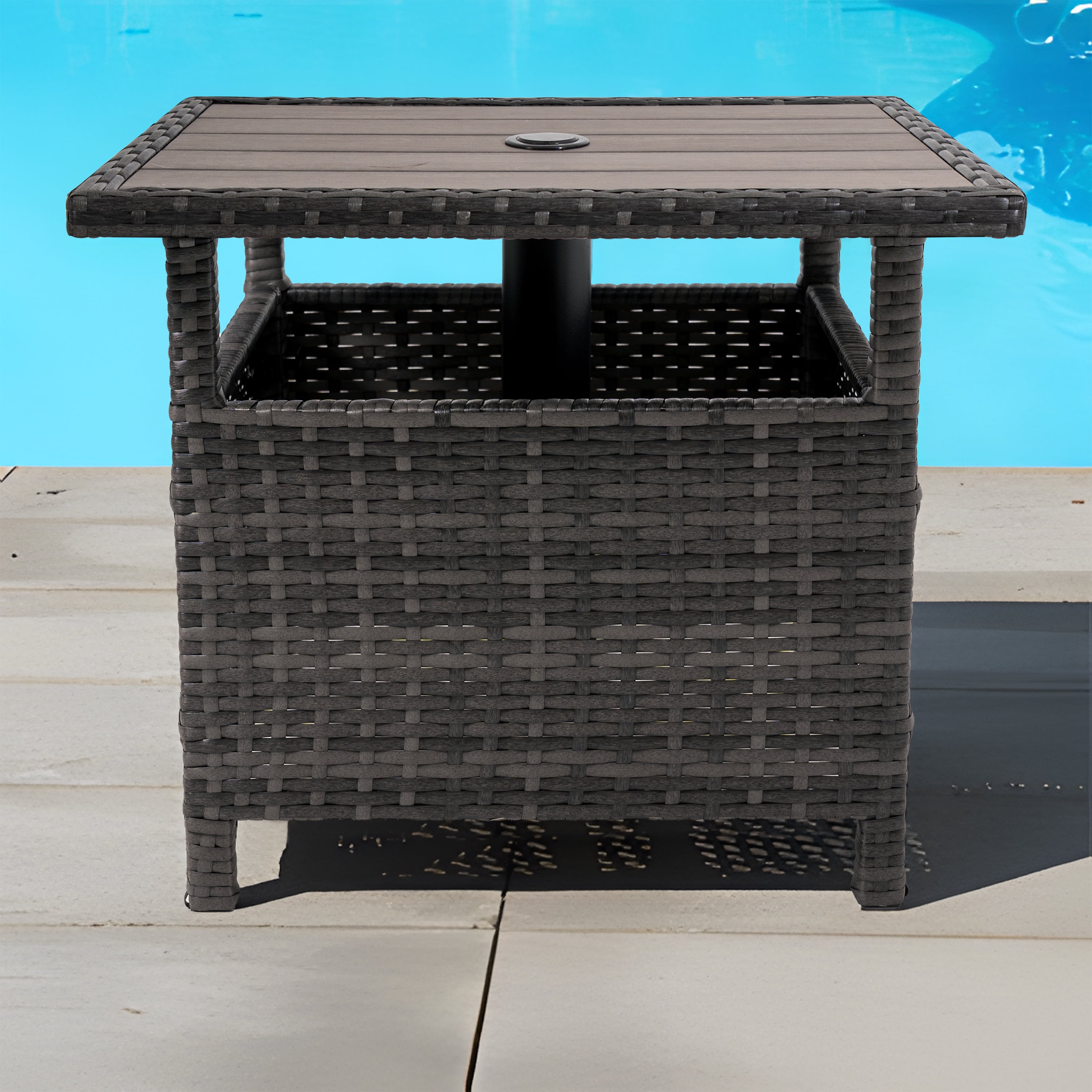 Outdoor Patio Side Table Umbrella Stand All-Weather PE Wicker Rattan Umbrella Table Furniture  for Garden Deck Pool Gray