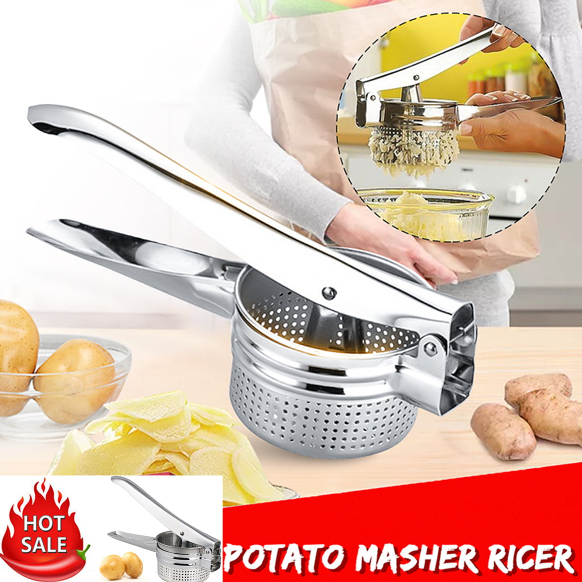 3 in1 Stainless Steel Potato Masher Ricer Puree Fruit Juicer Vegetable Maker Set 
