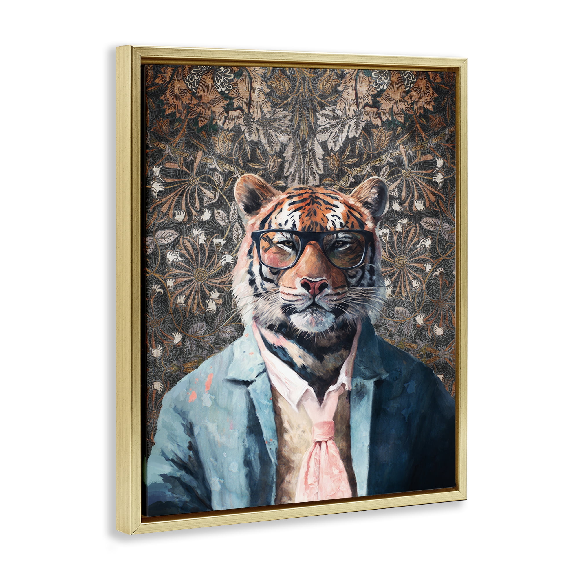 Stupell Industries Stylish Tiger in Glasses Animals Painting Gold Floater Framed Canvas Art Print Wall Art, 17 x 21