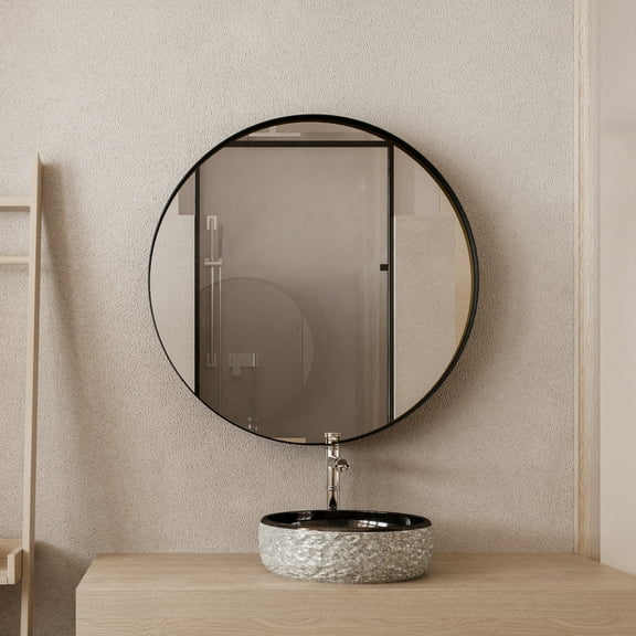 Noble House 31.5" Round Medicine Cabinet with Mirror, Metal Frame & Adjustable Glass Shelves for Bathroom, Matte Black