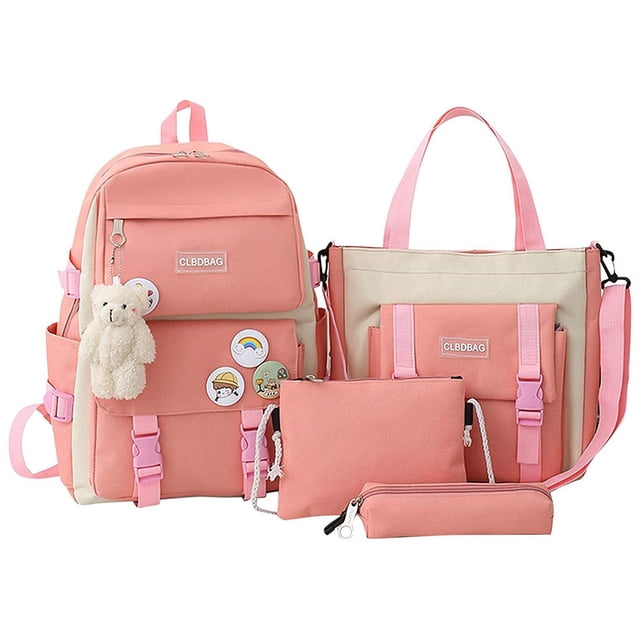 conjunto de mochila escolar de 4 piezas, mochila bonita, bolso escolar, estuche para lápices, bolso de hombro para niños y niñas mochila de lona rosa salmón, vista frontal con mochila principal, bolso tote, estuche con cordón y estuche para lápices; mochila con bolsillos delanteros, hebillas, tirantes acolchados y cremallera metálica, bolso tote con correa bandolera desmontable. Medidas 31x14x44 cm, capacidad aprox. 30 litros. También suele usarse como bolsa de viaje compacta para artículos personales.