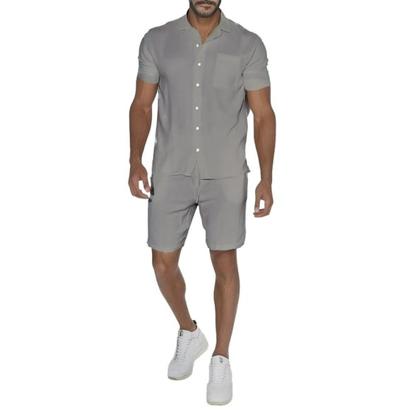 Gubotare Short Sets for Mens Mens Short Sets 2 Piece Outfits Summer Button Down Shirt and Shorts Set Beach Tracksuit (Grey,M)