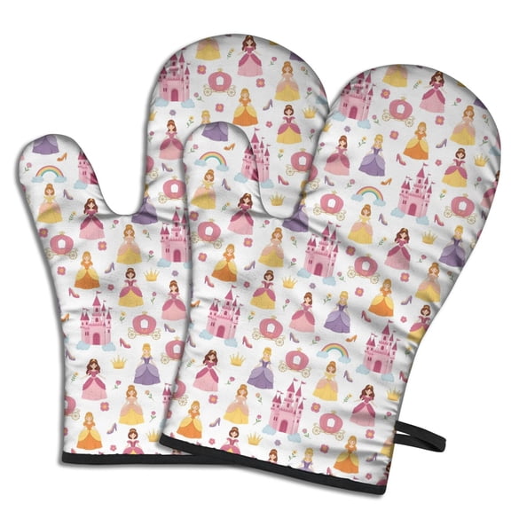 Cute Oven Mitts,Colorful Princess Castle Pattern Oven Mitt 2-Pack Set,Kitchen Gloves for Oven,Heat Resistant Oven Mitts 7.7"x12"