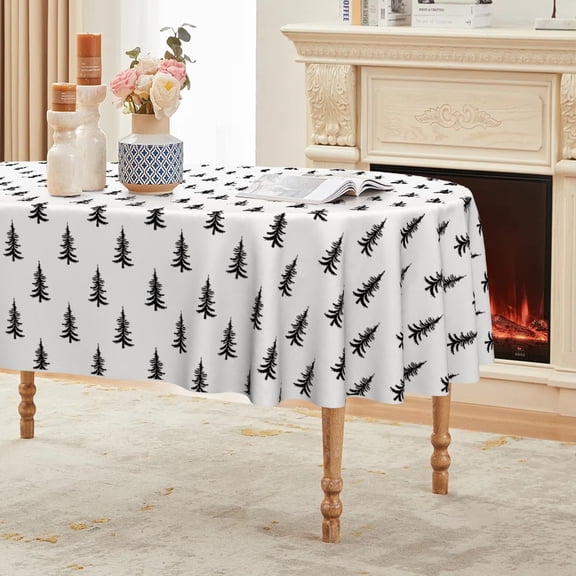 Christmas Tablecloth 60×140 Inch Rectangular, Trees Black White Boho Washable Table Cover for Party Picnic Dinner Decor