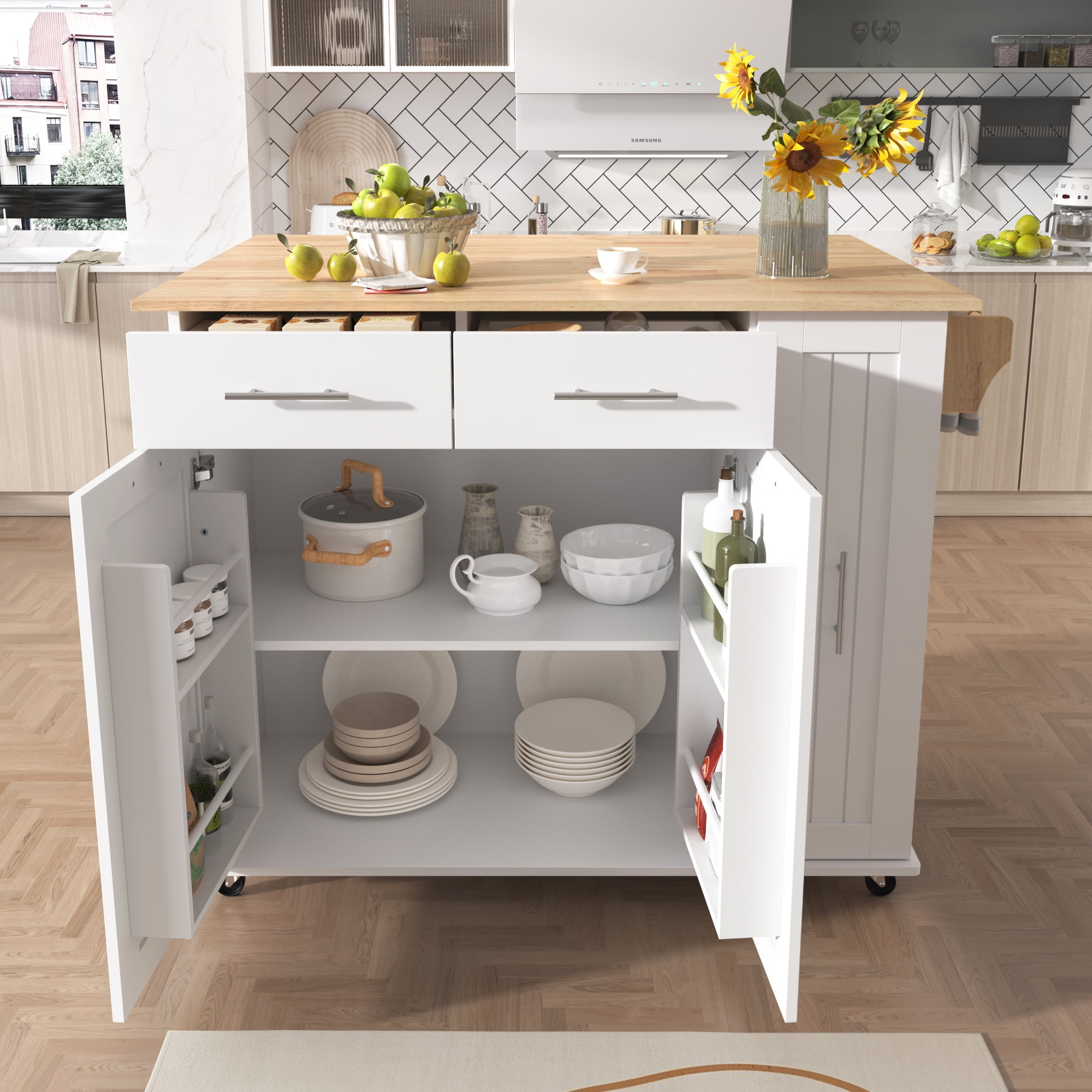 DEALTOPS 46" Kitchen Island with Drop Leaf, Kitchen Storage Cart with 3 Tier Pull Out Cabinet Organizer, Internal Storage Rack, Rolling Kitchen Cart on Wheels with Towel Rack for Kitchen-White